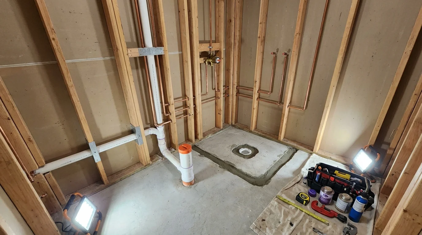 Bathroom rough-in plumbing during remodel by Johns Plumbing LLC in San Jose