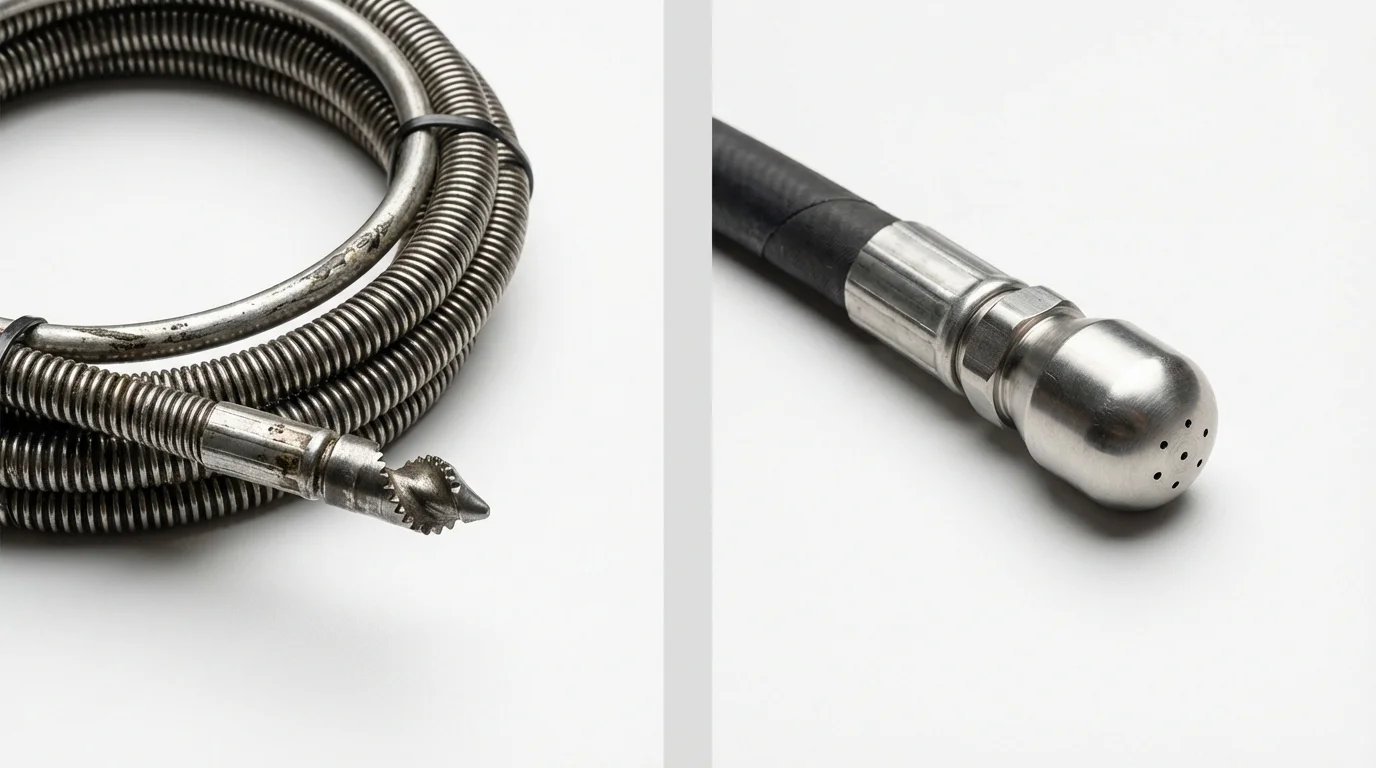 Drain snake cable and hydro jetting nozzle used for drain cleaning in San Jose, CA