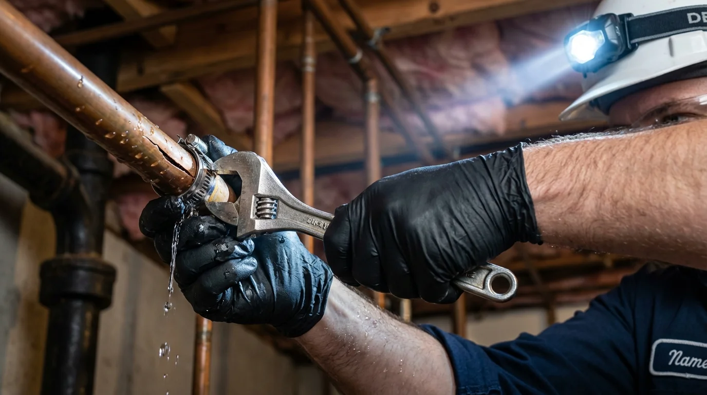 Emergency pipe clamp repair being performed by a Johns Plumbing LLC plumber in San Jose