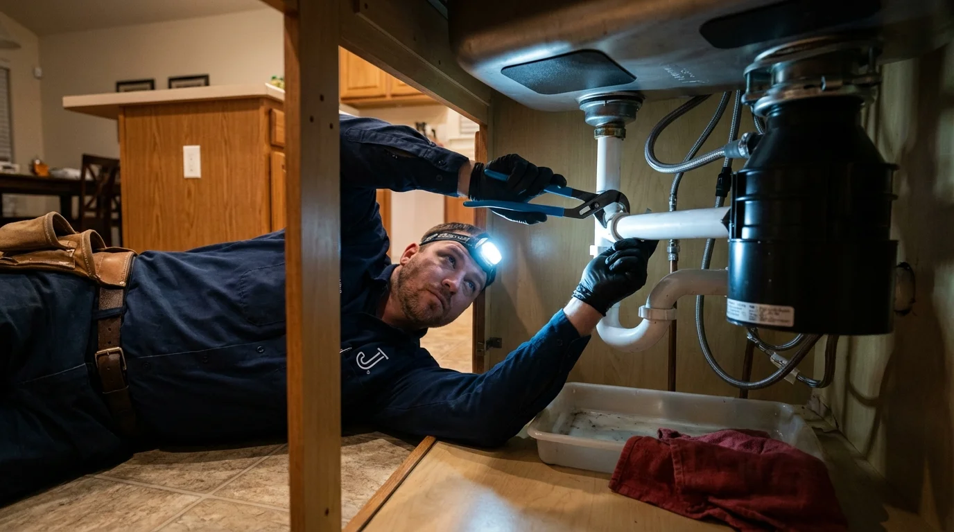 P-trap and supply line connections under a kitchen sink showing a common leak point in San Jose, CA